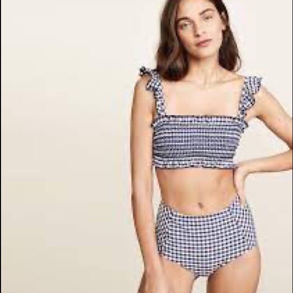 Tory Burch Other - Tory Burch Blue Gingham High Waisted Smocked Longline Bikini 3 Piece Swim Set